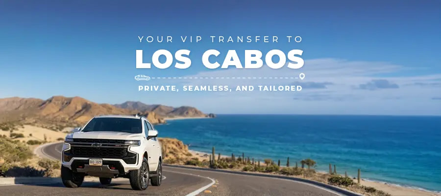 Fleet of TransVIP Suburban SUVs in a desert landscape of Los Cabos